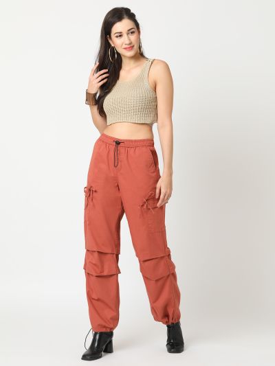 Globus Women Rust Washed Relaxed Straight Leg Cargo With Adjustable Toggles Hem 