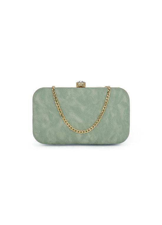 Globus Women Green Textured Rectangular Party Clutch With Detachable Chain Strap