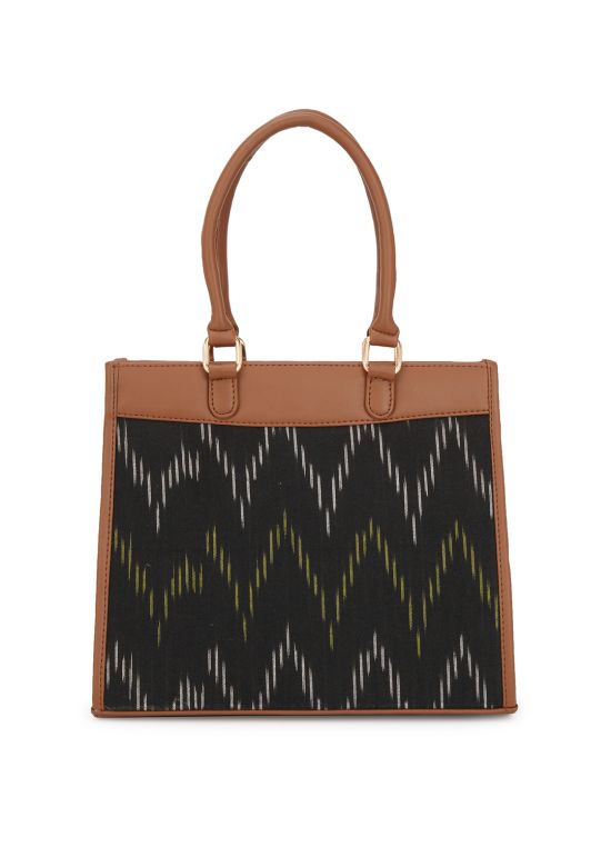Globus Women Black Vegan Leather Ikat Abstract Print Double Handle Handheld Bag 
