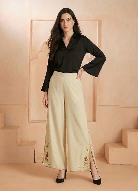 Globus Women Beige Mid Rise Flared Embroidered Hem Side Slits Fusion Palazzos