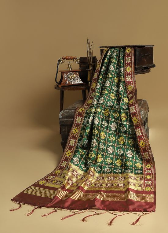 Globus Women Green Patola Woven Design Silk Tasselled Border Festive Dupatta