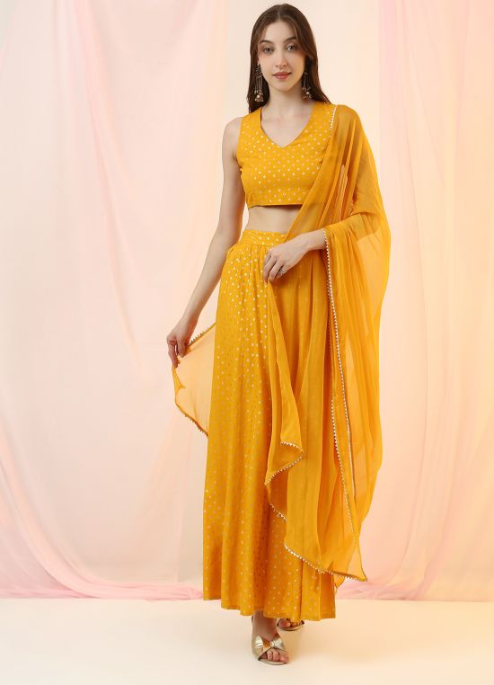 Globus Women Mustard V-Neck Bandhani Print Crop Top with Flared Hem Skirt & Dupatta Festive Co-Ord Set
