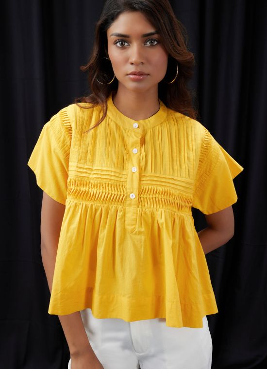 Globus Women Yellow Mandarin Collar Gathered & Pleated Detail Cap Sleeve Top