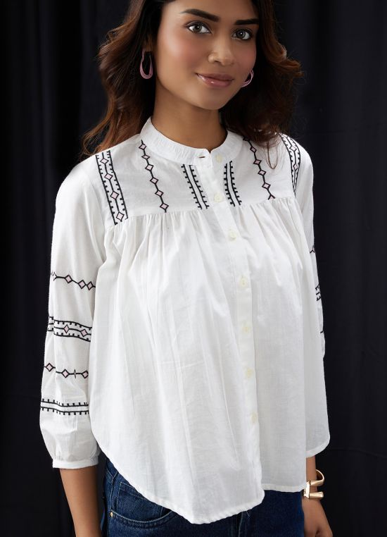 Globus Women White Embroidered Mandarin Collar Gathered & Pleated Detail Shirt Style Top