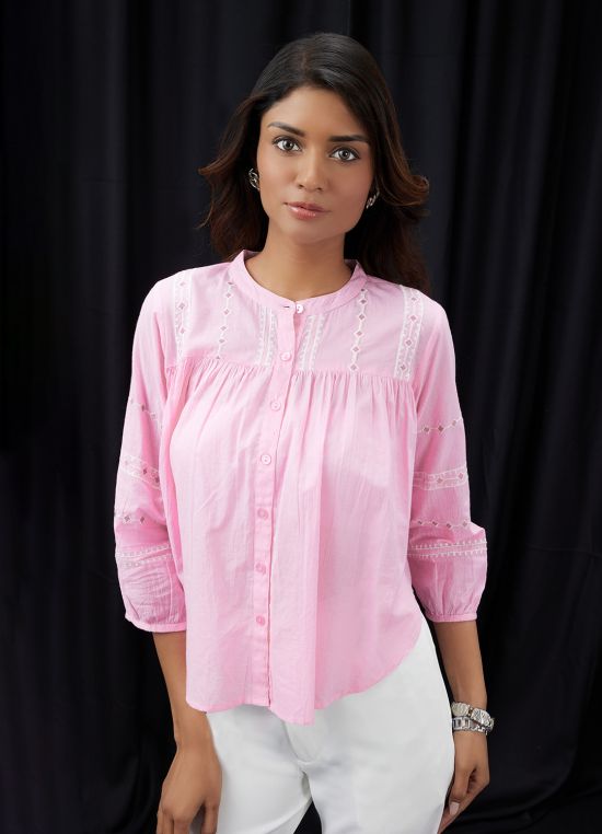 Globus Women Pink Embroidered Mandarin Collar Gathered & Pleasted Detail Shirt Style Top