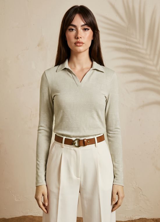 Globus Women Beige Self Design Collared Neck Long Sleeves Casual Top