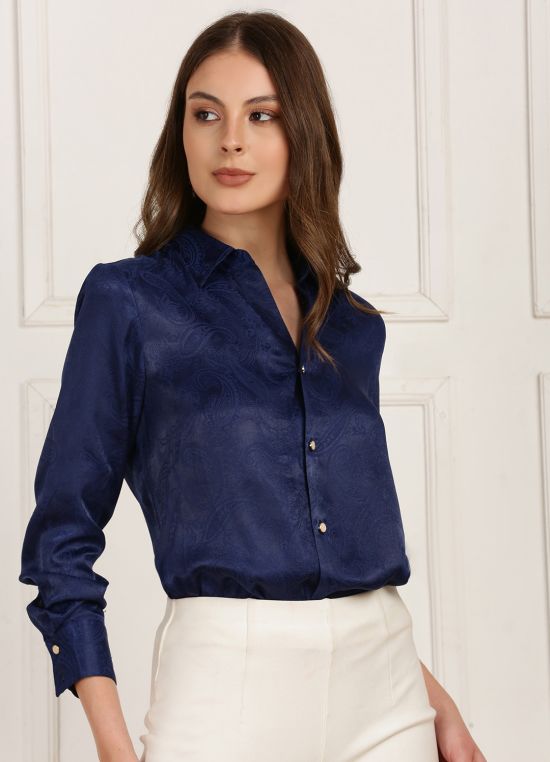 Globus Women Navy Blue Self Design Paisley Print Collared Neck Cuffed Sleeves Curved Hem Party Shirt