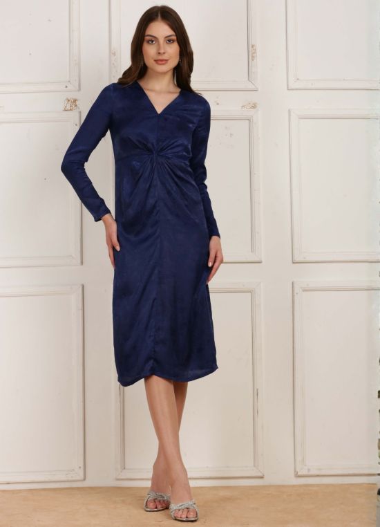 Globus Women Navy Blue V-Neck Long Sleeves Gathered Jacquard Party Midi Dress