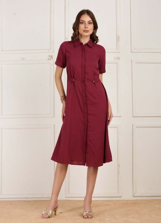 Globus Women Maroon V-Neck Long Sleeves Gathered Jacquard Party Midi Dress