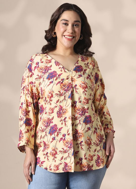 Globus Gloplus Women Cream V-Neck Floral Print Curved Hem Plus Size Top