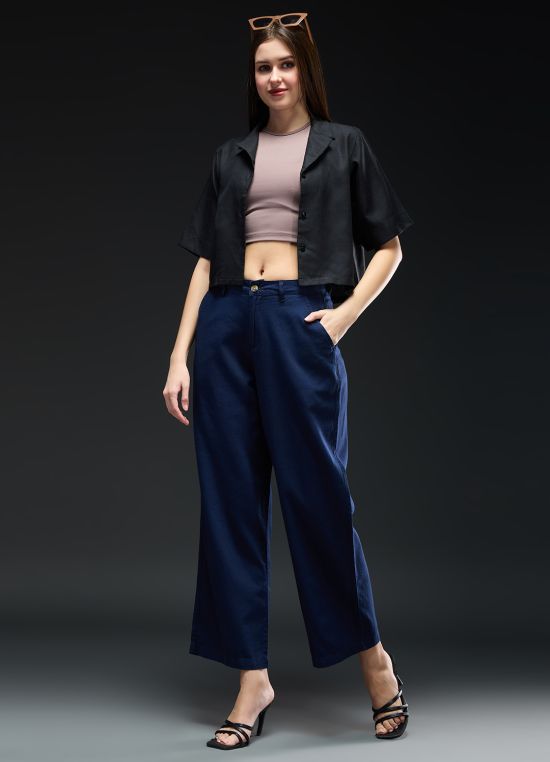 Globus Women Navy Blue Cotton Mid-Rise Straight Fit Pocket Detail Workwear Trousers