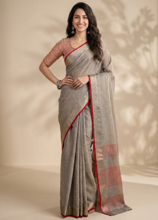 Globus Women Grey Tissue Silk Solid Woven Design Striped Border Festive Saree With Unstitched Blouse Piece