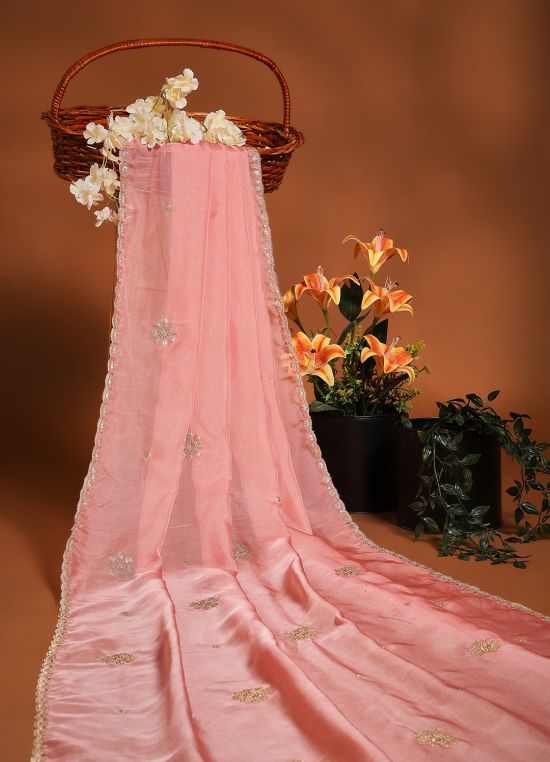Globus Women Peach Sequinned & Embroidered Scalloped Border Organza Festive Dupatta