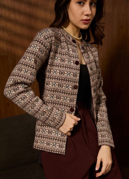 Globus Women Beige Mandarin Collar Long Sleeves Shimmer Geometric Self Design Woollen Winterwear Overcoat
