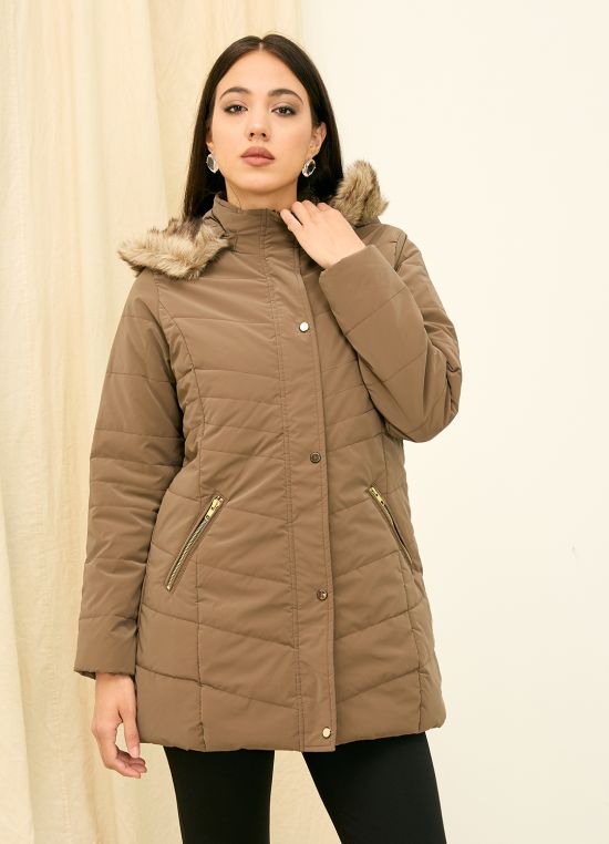 Globus Women Brown Solid Hooded Faux Fur Trim Long Sleeves Nylon Puffer Jacket