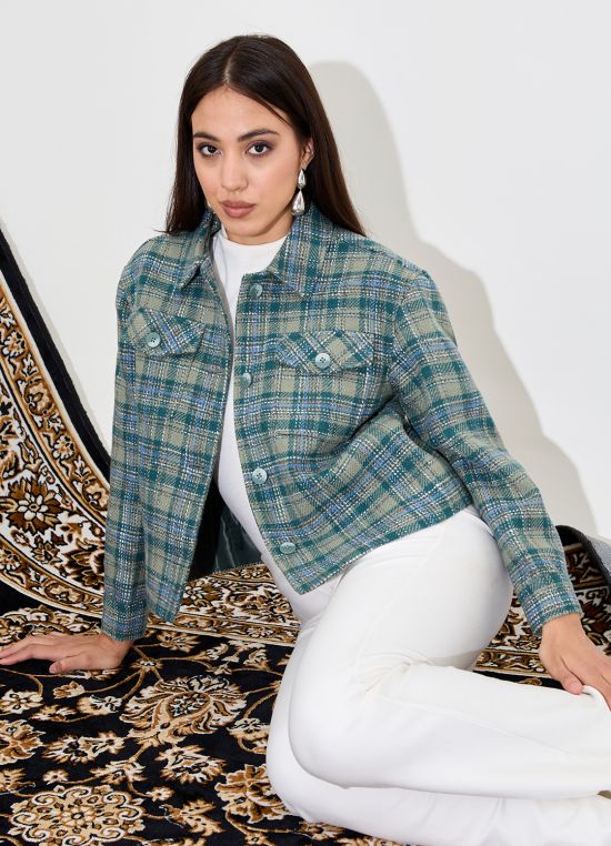 Globus Women Green Checked Long Sleeves Spread Collar Shacket