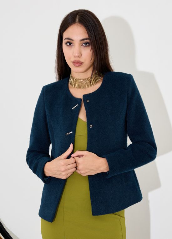 Globus Women Teal Solid Round Neck Long Sleeves Acrylic Princess Coat