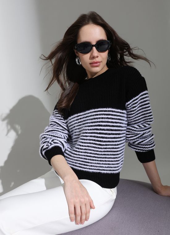 Globus Women Black Round Neck Long Sleeves Striped Self Design Knitted Woollen Pullover Sweater