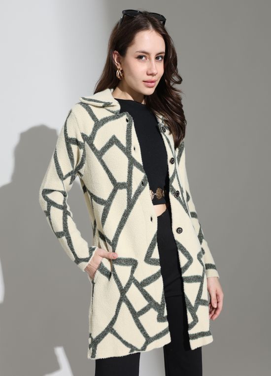 Globus Women Beige Spread Collar Long Sleeves Abstract Self Design Wool Regular Fit Overcoat