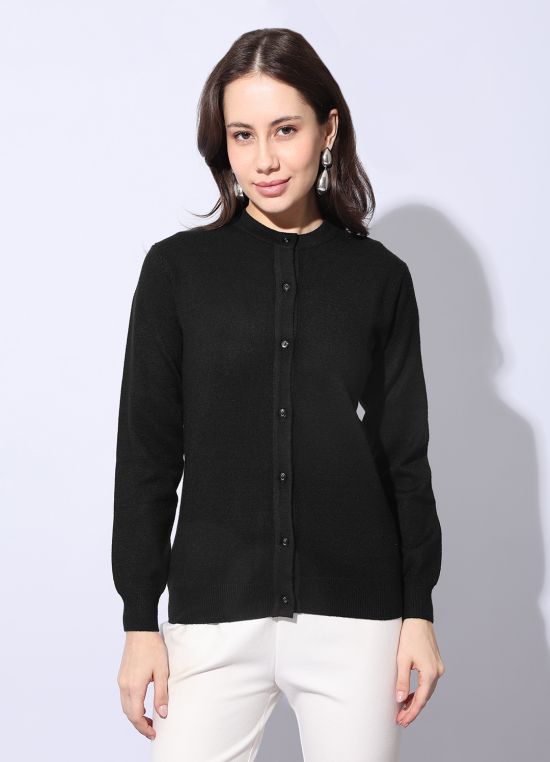 Globus Women Black Round Neck Long Sleeves Self Design Ribbed Hem Woollen Winterwear Cardigan Sweater