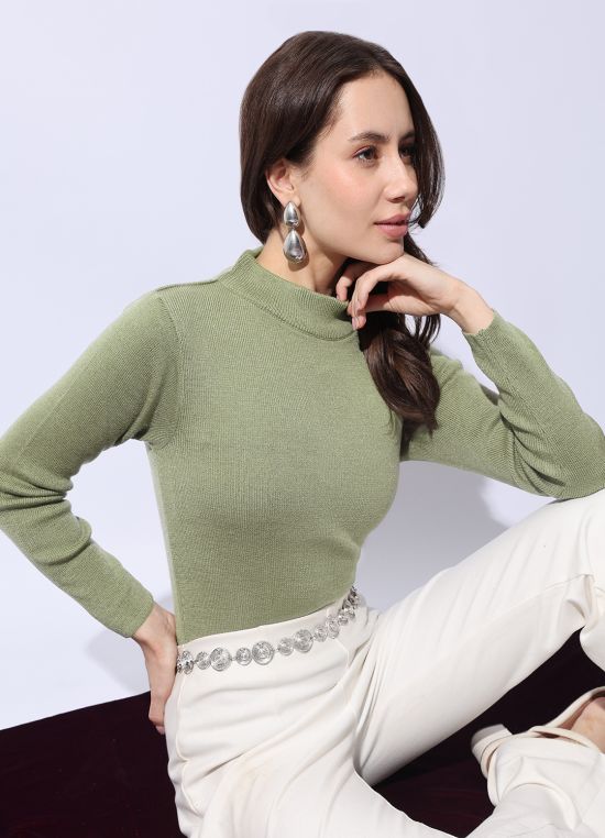 Globus Women Green High Neck Long Sleeves Self Design Woollen Winterwear Pullover Sweater