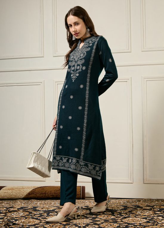 Globus Women Teal Mandarin Collar Long Sleeves Acrylic Ethnic Motifs Self Design A-line Winterwear Kurta With Pants Set