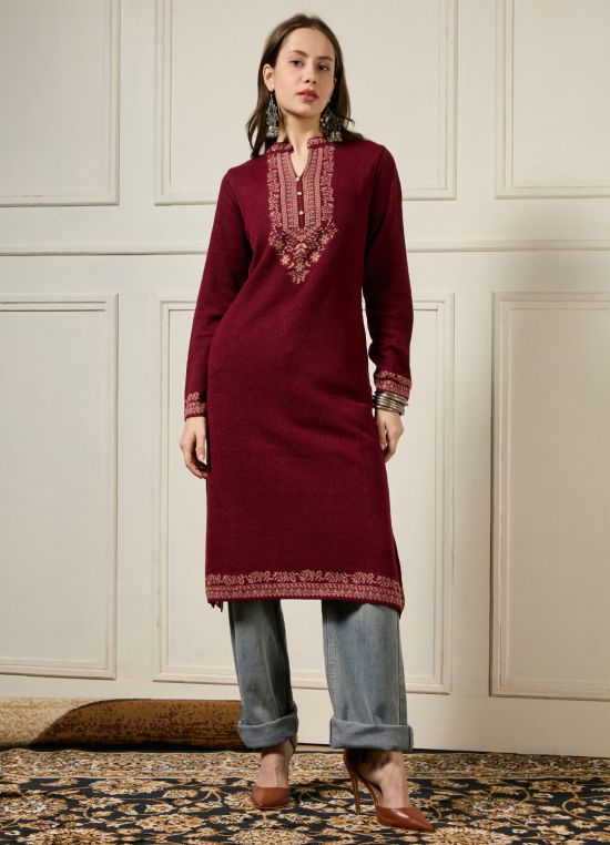 Globus Women Maroon Mandarin Collar Long Sleeves Arcylic Ethnic Motifs Self Design A-line Winterwear Kurta