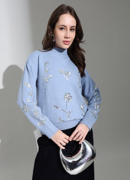 Globus Women Blue High Neck Floral Sequinned Embellished Cotton Knitted Pullover Sweater