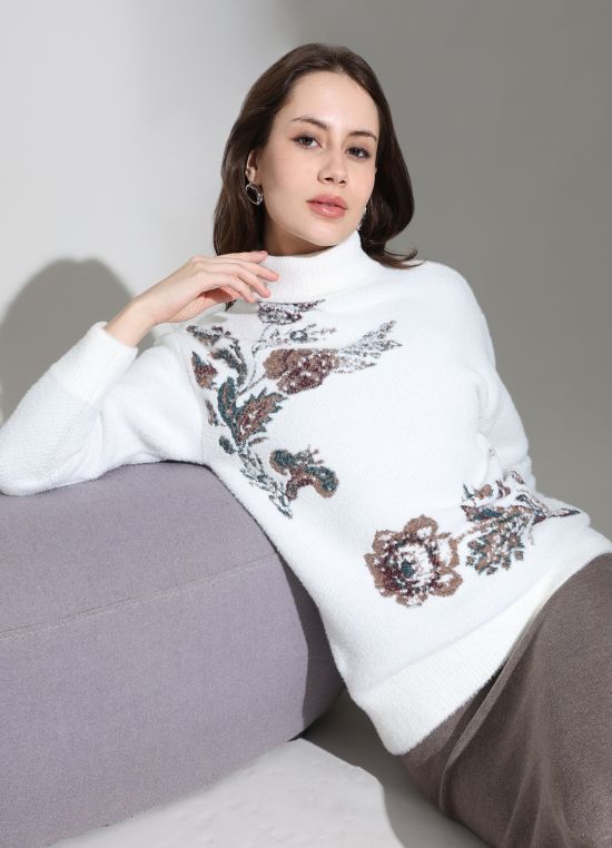 Globus Women White Turtle Neck Long Sleeves Floral Self Design Cotton Knitted Pullover Sweater