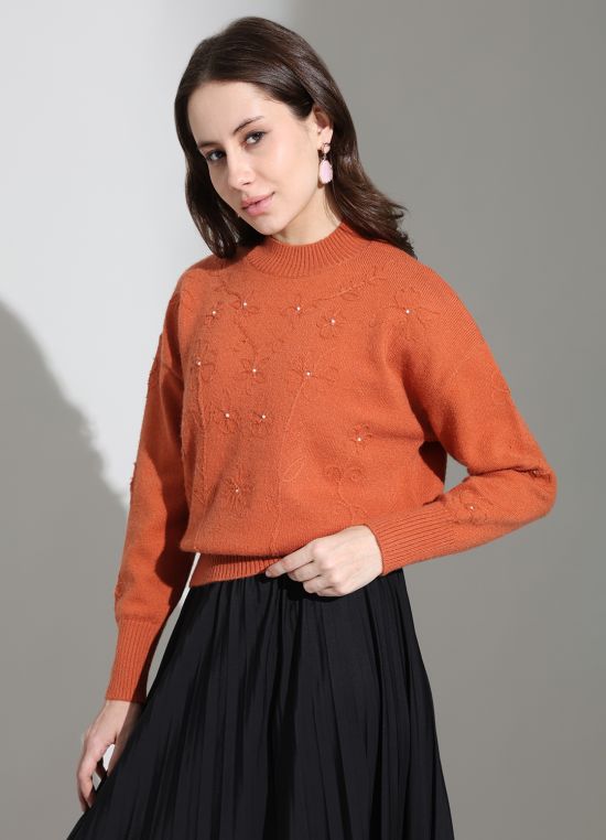 Globus Women Rust High Neck Floral Self Design Pearl Embellished Cotton Knitted Pullover Sweater
