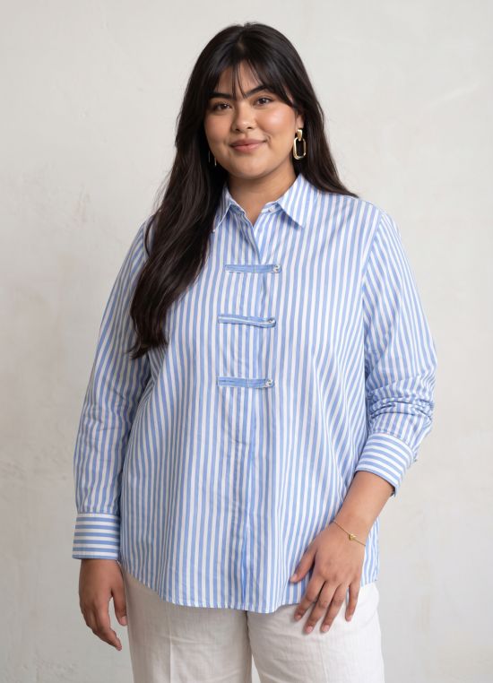 Globus Women Blue Vertical Striped Spread Collar Long Cuffed Sleeves Cotton Shirt