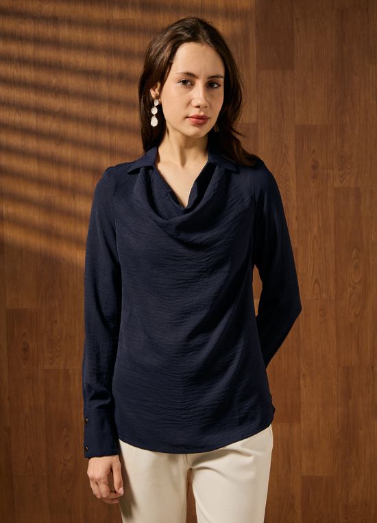 Globus Women Navy Blue Cowl Neck Cuffed Sleeves Self Design Shirt Style Workwear Top
