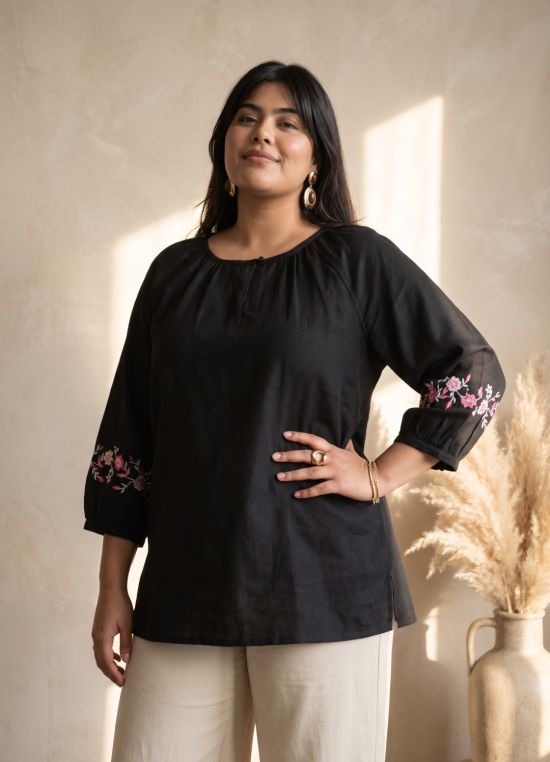 Globus Women Black Floral Embroidered Keyhole Neck Long Raglan Sleeves Cotton Top