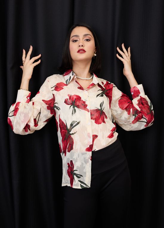 Globus Women White & Red Collared Neck Cuffed Sleeves Floral Print Jacquard Party Shirt