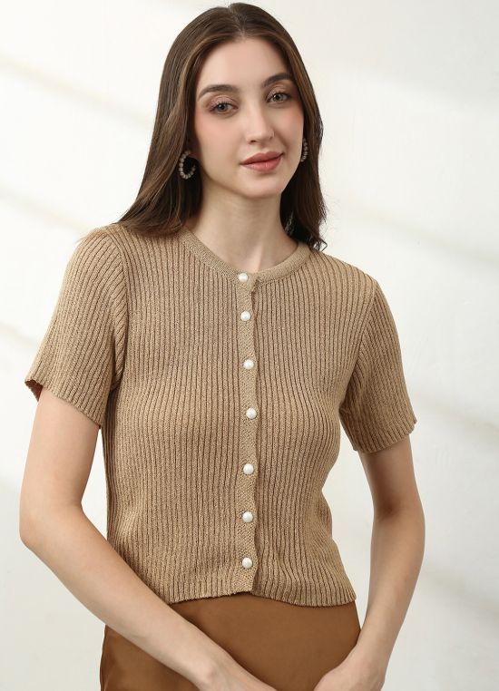 Globus Women Khaki V-Neck Short Sleeves Self Design Top