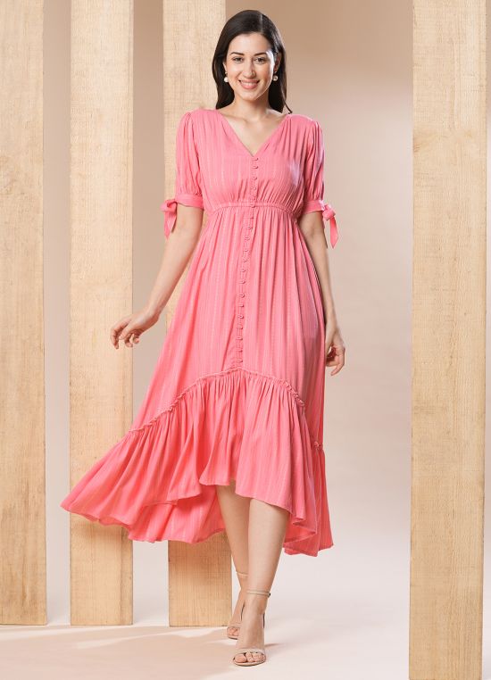 Globus Women Pink V-Neck Puff sleeves High-Low Flared Hem A-Line Dress