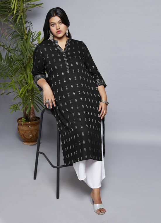 Globus Gloplus Women Black Mandarin Collar Zari Detail Woven Design Straight Plus Size Workwear Kurta