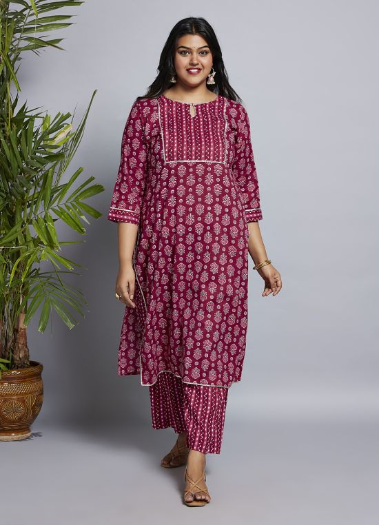 Globus Gloplus Women Pink Keyhole Neck Floral Printed Gotta Lace Detail Straight Plus Size Kurta & Pants Workwear Set