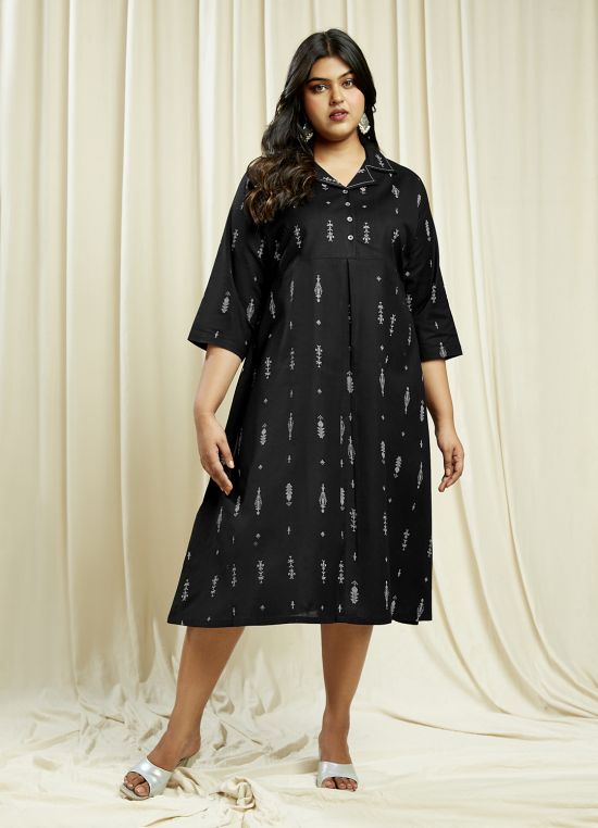 Globus Gloplus Women Black Notch Lapel Ethnic Print Button Down Plus Size A-Line Midi Dress