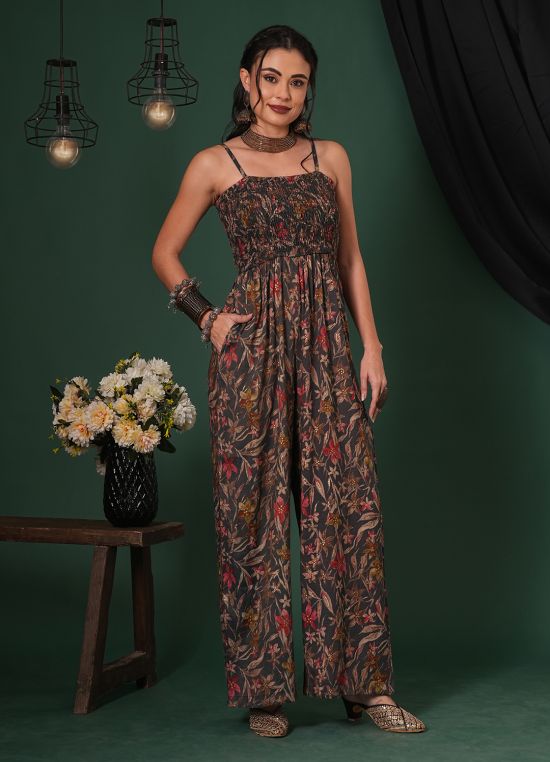 Globus Women Grey Square Neck Adjustable Strappy Shoulder Smocked Floral Print Fusion Jumpsuit