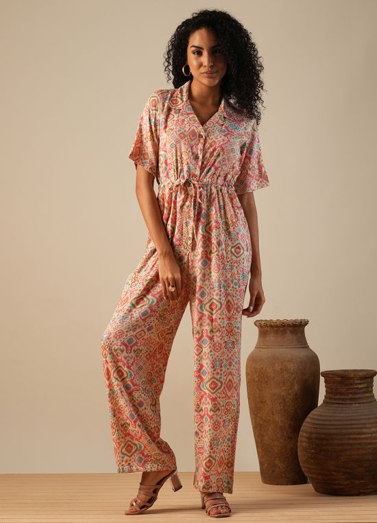 Globus Women Pink Cuban Collar Geometric Print Waist Tie-Ups Fusion Jumpsuit