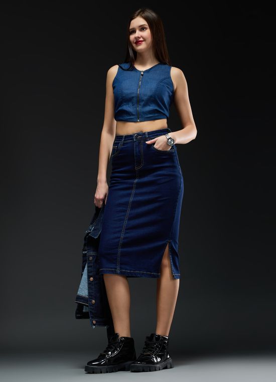 Globus Women Blue Solid Mid-Rise Side Slit Midi Denim Skirt