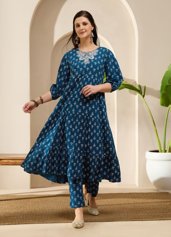 Globus Women Navy Blue Embroidered Round Neck Bishop Sleeves Ethnic Print Tiered A-Line Kurta With Pants Set