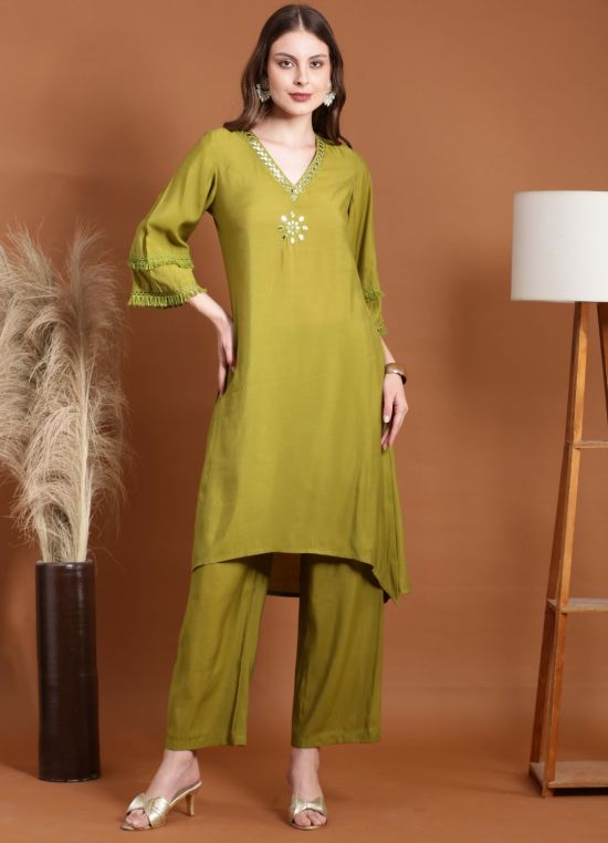 Globus Women Green V-Neck Bell Sleeves Mirror Work Kurta and Trouser Fusion Set