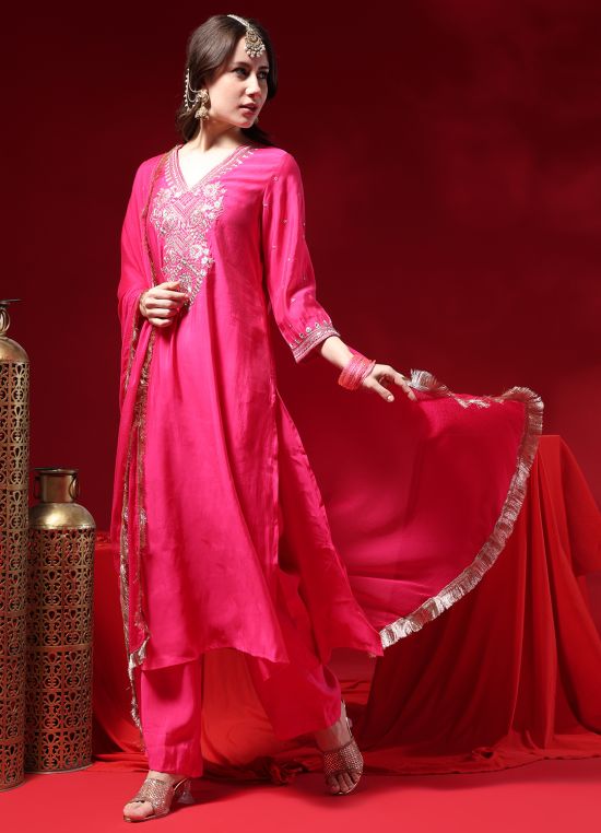 Globus Women Pink Zari Embroidered V-neck Three-quarter Sleeves Silk Blend A-line Kurta With Pants & Taping Dupatta Festive Set