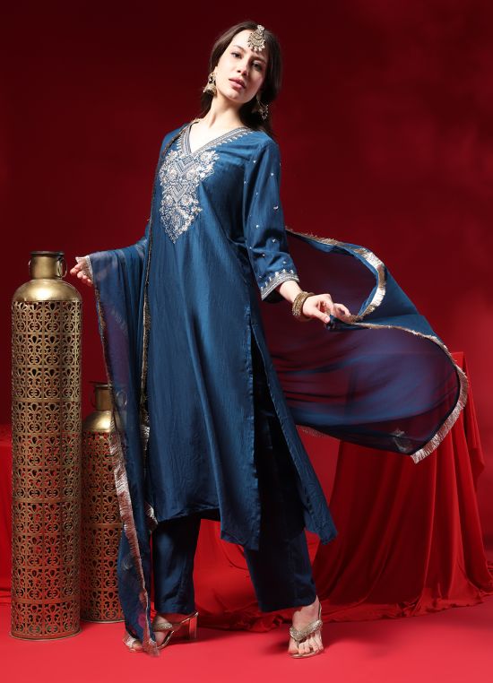 Globus Women Navy Blue Zari Embroidered V-neck Three-quarter Sleeves Silk Blend A-line Kurta With Pants & Taping Dupatta Festive Set