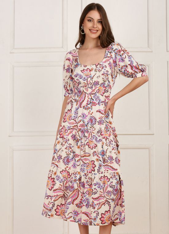 Globus Women White Square Neck Puff Sleeves Floral Printed Flared Midi Dress