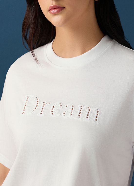 Globus Women White Round Neck Drop Shoulder Sleeves Cutwork Embroidery Detail Crop T-Shirt