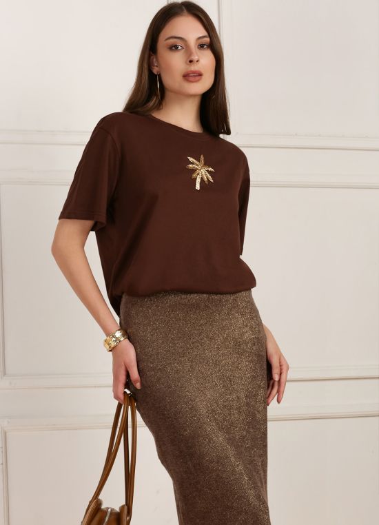 Globus Women Brown Round Neck Drop Shoulder Sleeves Tropical Bugle Bead Work Print Oversized T-Shirt