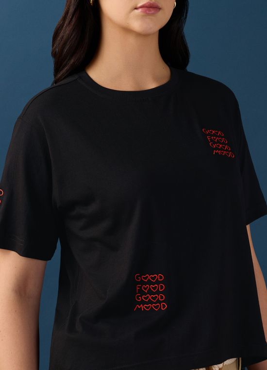 Globus Women Black Round Neck Drop Shoulder Sleeves Graphic Embroidered Crop T-Shirt